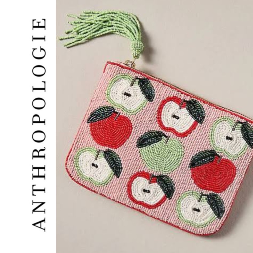 🍎NWT🍏Anthropologie Fiona Flat OB Beaded Pouch Apples
